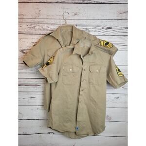 2 Vtg US Army Shirts Tan Military Officer Uniform with Patches Men's Size Medium